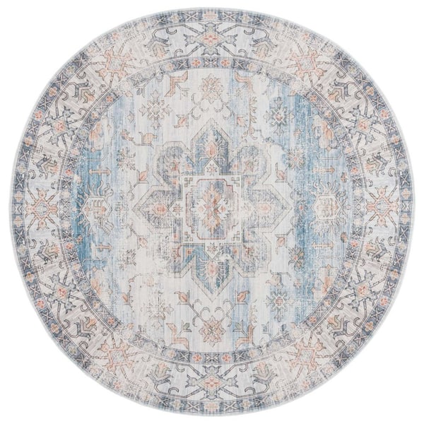 Arizona 6 ft. x 6 ft. Ivory/Light Blue Machine Washable Distressed Border Ornate Round Area Rug