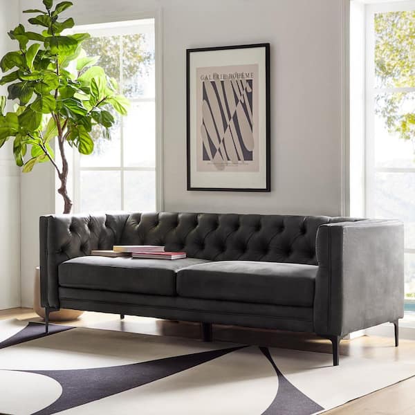 JAYDEN CREATION Eridu Contemporary 84 in. Square Arm Faux Leather Button-Tufted design Tuxedo Rectangle Sofa in Grey