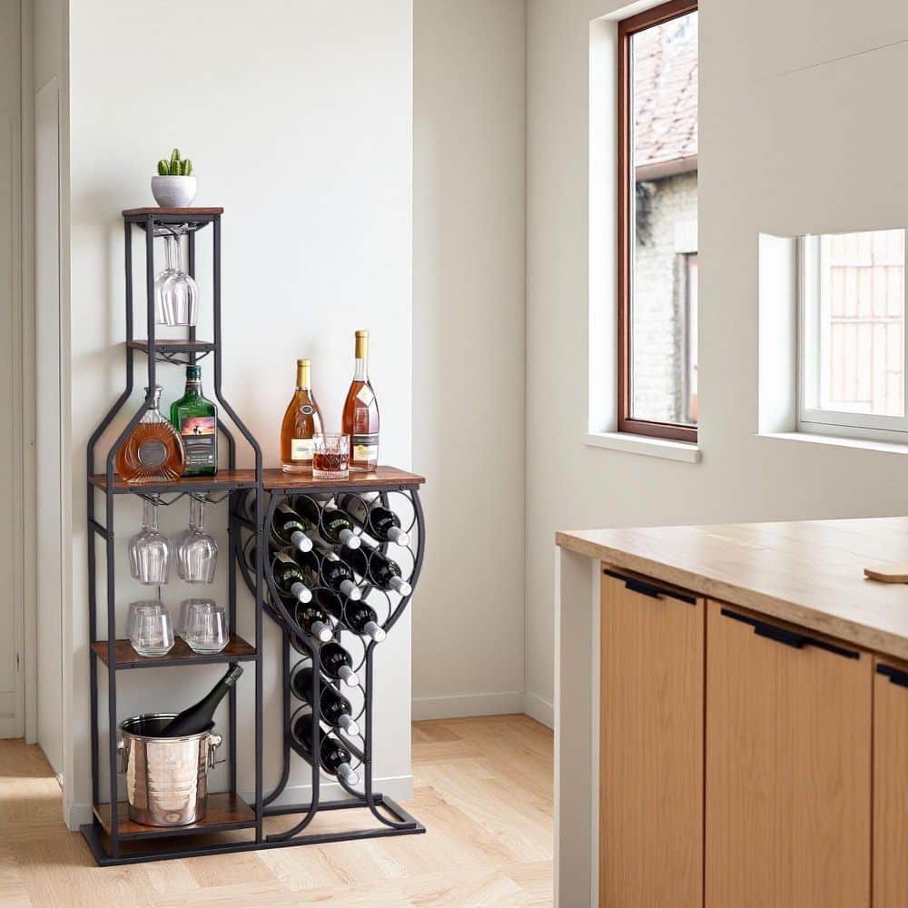 11 Bottle Brown Metal Freestanding Wine Rack with Hanging Wine Glass Holder, Storage Shelves