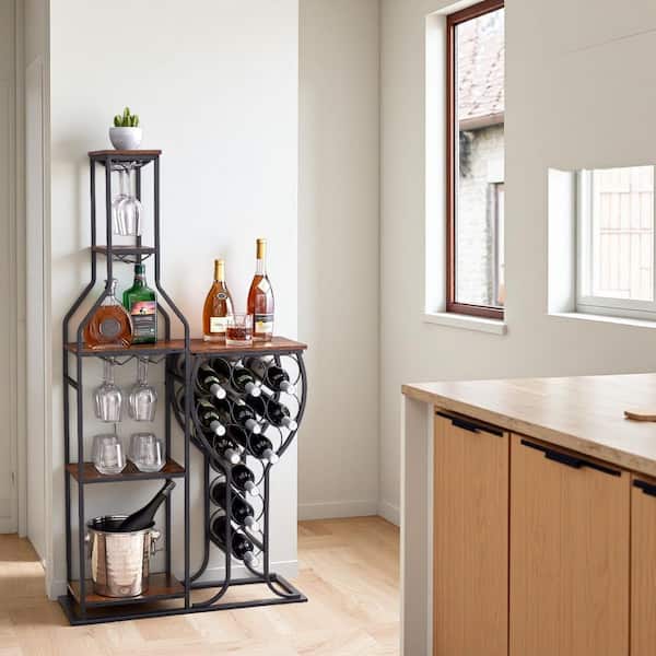 RKZHOPT 11 Bottle Brown Metal Freestanding Wine Rack with Hanging Wine Glass Holder, Storage Shelves