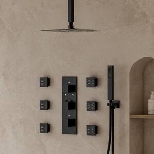 5-Spray Patterns Shower Faucet Set 12 in. Ceiling Mount Dual Shower Heads with 6-Jets in Matte Black (Valve Included