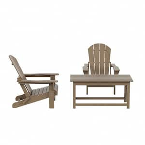 Laguna 3-Piece Fade Resistant Outdoor Patio HDPE Poly Plastic Folding Adirondack Chair Set, Coffee Table, Weathered Wood