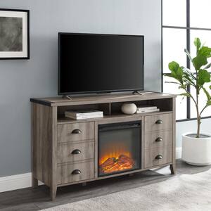 52 in. Grey Wash Wood Farmhouse TV Stand with Electric Fireplace Fits TVs up to 58 in.