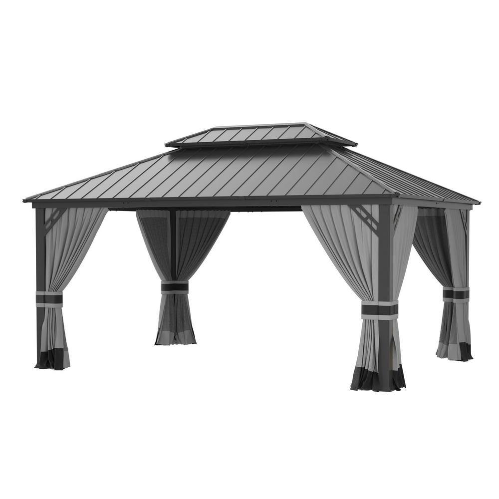 Gray 12x16ft Hardtop Gazebo with Nettings and Curtains