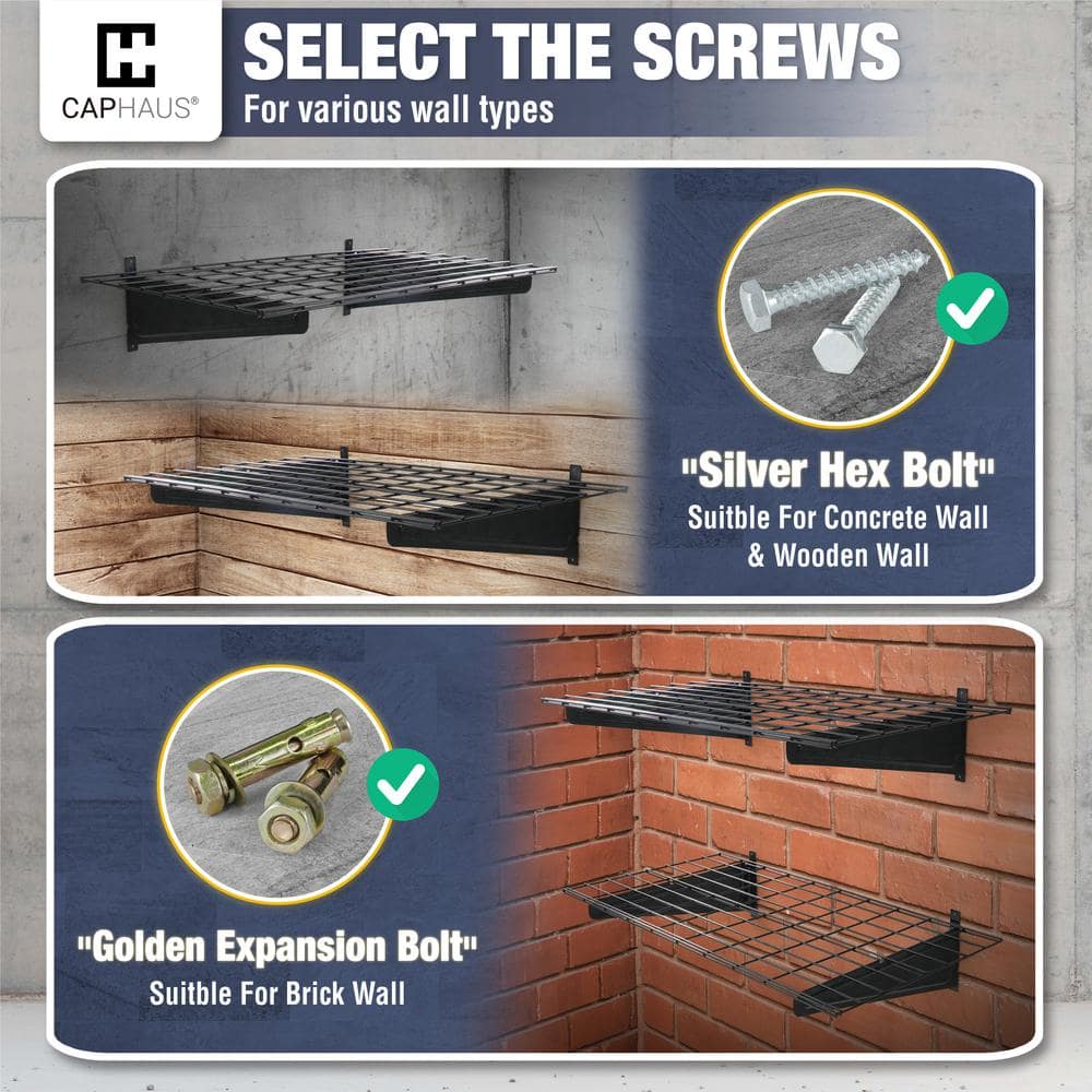 Black Metal Wall Mounted Garage Shelves with Hooks, 36" x 18"