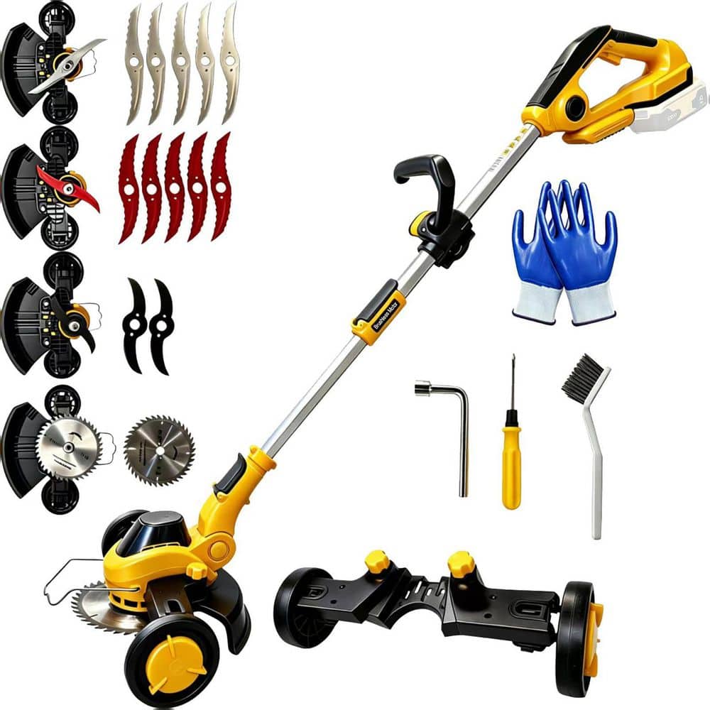 Cordless 12 in. Brush Cutter and Grass Trimmer with Wheels, Yellow, 4 Blade Types price history on PriceWatchPro