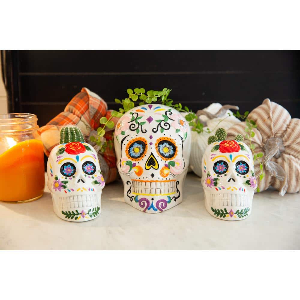 Set of 2 Multicolor Ceramic Skull Planters