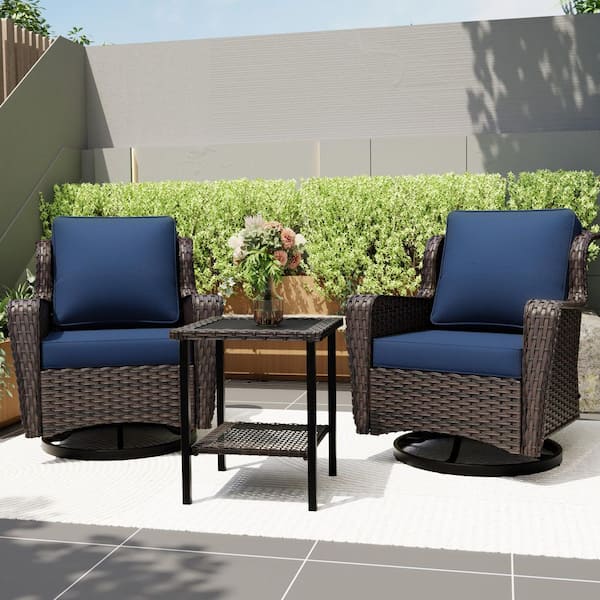 3-Piece Wicker Outdoor Rocking Chairs Swivel Chairs Patio Conversation Set Chat Set with Dark Blue Cushions and 1 Table