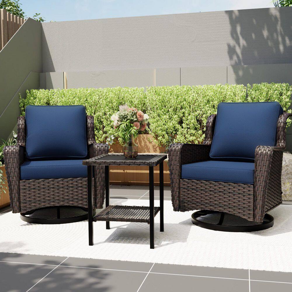 3-Piece Wicker Outdoor Rocking Chairs Swivel Chairs Patio Conversation Set with Dark Blue Cushions and 1-Table price history on PriceWatchPro