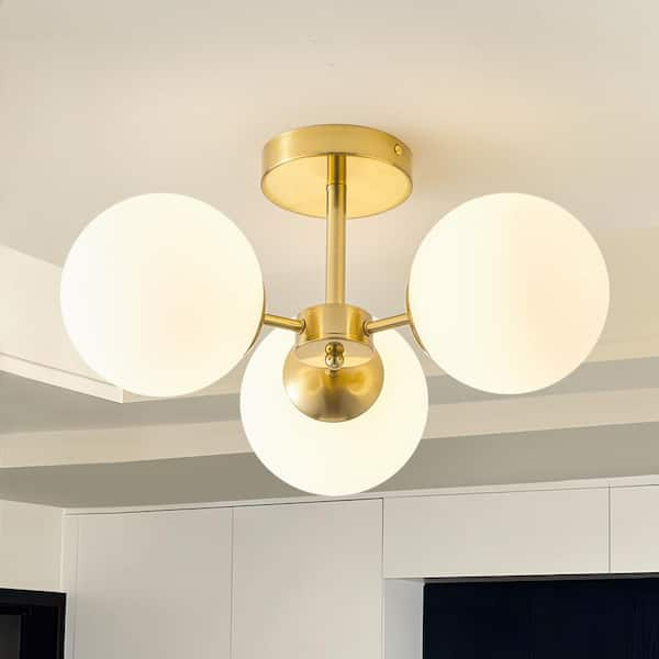 14.57 in. 3-Light Gold Modern/Contemporary Semi-Flush Mount Ceiling Light with White Globe Shade for Kitchen and Hallway