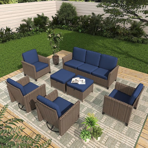 INMITOM 7-Piece Wicker Patio Conversation Set with 3-Seater Sofa, 4-Lounge Chairs, 2-Ottomans, and Blue Cushions