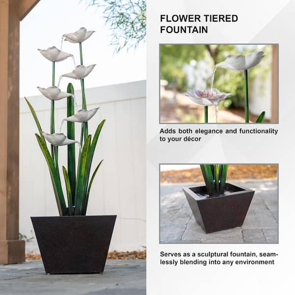 Metal Sculptural Cascade Multi-tiered Flower Water Fountain, Black and White, 39 in. Tall, w/LED Lights
