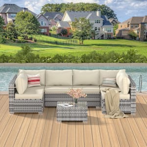 Caolain 7-Piece Wicker Patio Seating Group with Beige Cushions