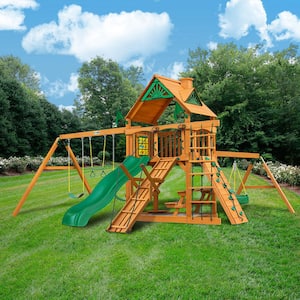 Frontier Wooden Outdoor Playset with Tire Swing, Wave Slide, Rock Wall, Sandbox, and Backyard Swing Set Accessories