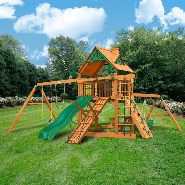Gorilla Playsets Frontier Wooden Outdoor Playset with Tire Swing, Wave Slide, Rock Wall, Sandbox, and Backyard Swing Set Accessories