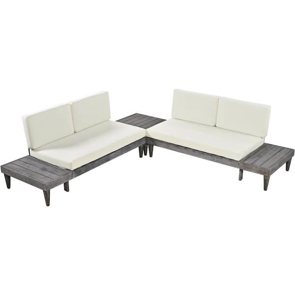 Sudzendf Gray 3-Piece Wood Outdoor Patio Conversation Set with Beige Cushions and Side Table