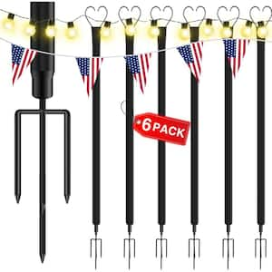 String Light Poles with Fork 9 ft. Iron Shepherd's Hooks for Outdoor String Lights Stand in Black (6-Pack)