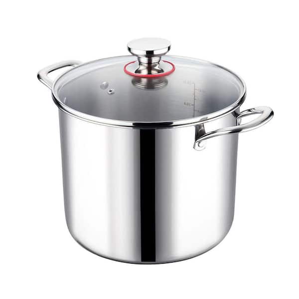 12 QT Stock Pot with Lid, Stainless Steel Tri-Ply Heavy Duty Large Soup Pot with Measuring Mark and Glass Lid