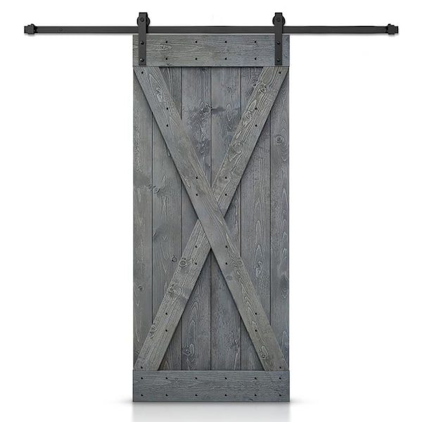 CALHOME 32 in. x 84 in. X-Series Gray Stained DIY Wood Interior Sliding Barn Door with Hardware Kit