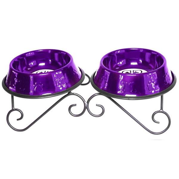Platinum Pets 3 Cup Wrought Iron Scroll Double Feeder with Embossed Non-Tip Bowl in Pink