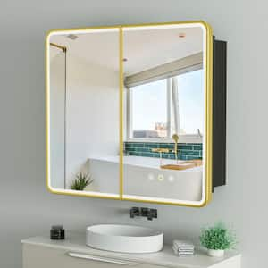 Thalia 32 in. W x 30 in. H Rectangular Iron LED Defogging Medicine Cabinet with Mirror, Gold