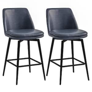 Cecily 27 in. Blue High Back Metal/Wood Swivel Counter Stool with Faux Leather Seat (Set of 2)