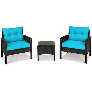 Rattan 3-Piece Wicker Patio Outdoor Furniture Set Coffee Table with Turquoise Cushion