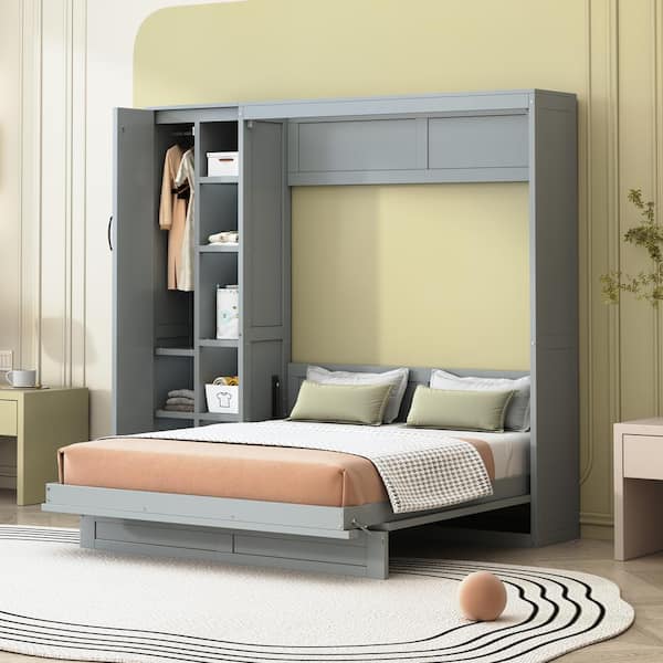 Gray Wood Frame Full Size Murphy Bed with LED Lights, Wardrobe and Shelves