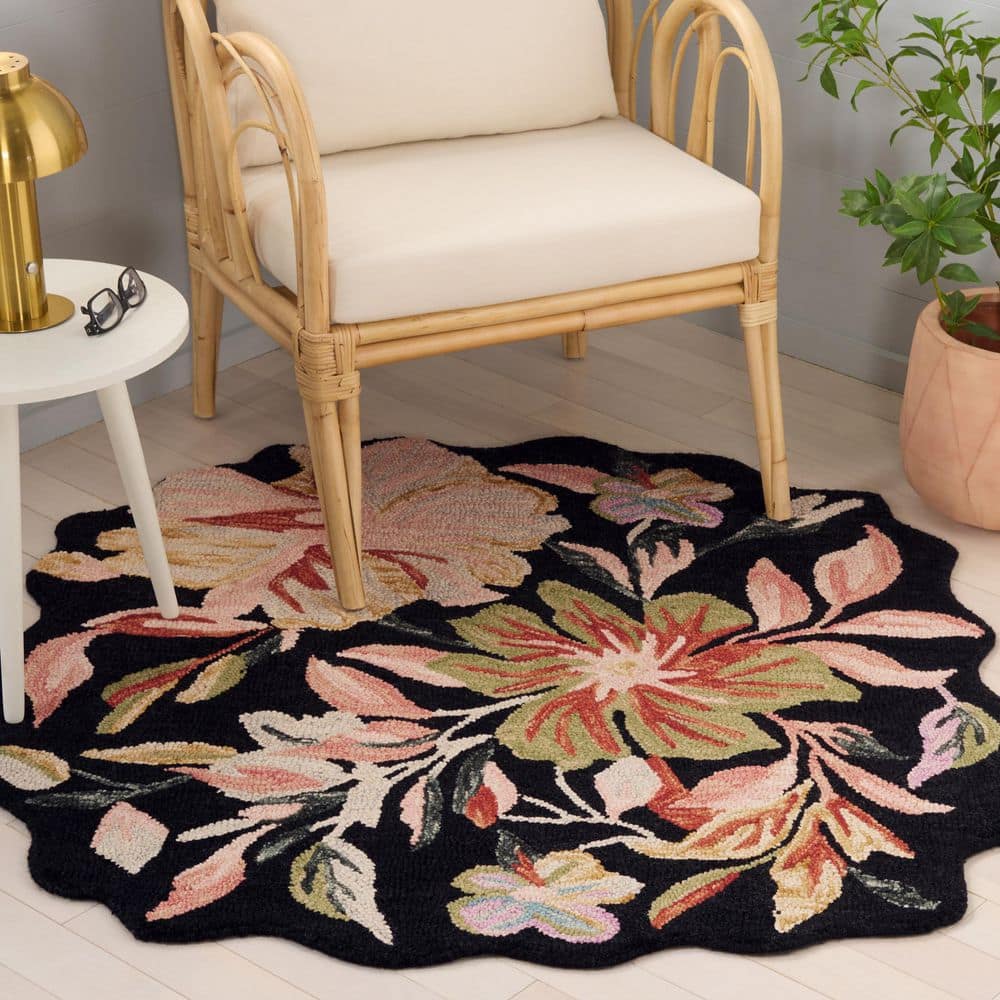 Jardin 5 ft. x 5 ft. Scalloped Black/Green Leafy Floral Area Rug price history on PriceWatchPro