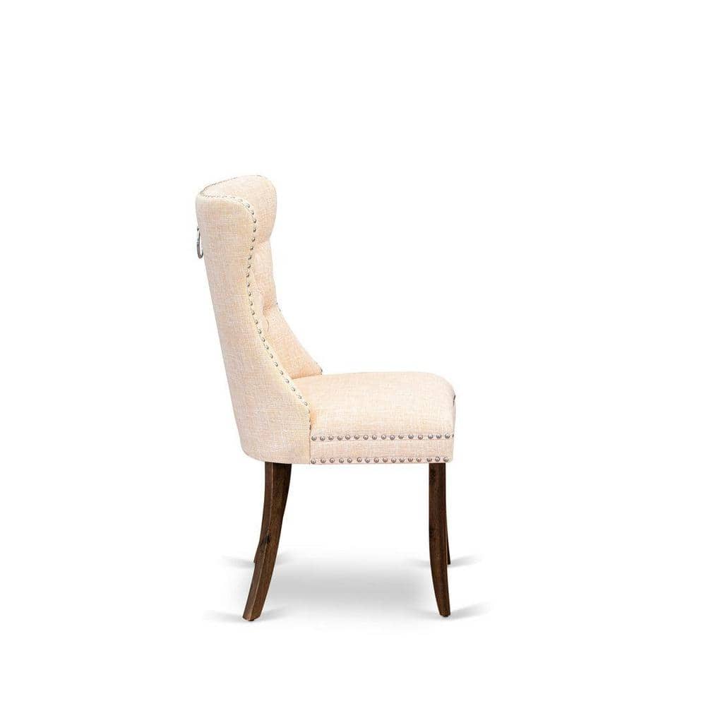 Antique Walnut 3-Piece Dining Set with Light Beige Linen Upholstered Chairs