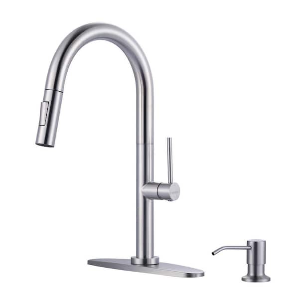 ARCORA 17 in. Single Handle Pull-Down Sprayer Kitchen Faucet with Soap Dispenser and 360 Degree Spout Swivel in Brushed Nickel