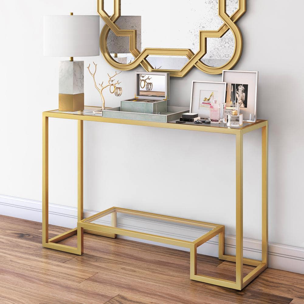 Athena Gold Metal & Glass Rectangular Console Table with Storage Shelf