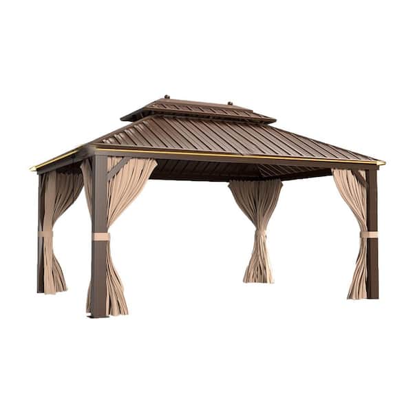 12 ft. x 16 ft. Hardtop Gazebo Steel Outdoor Double Vented Roof Shade for Patio, Brown