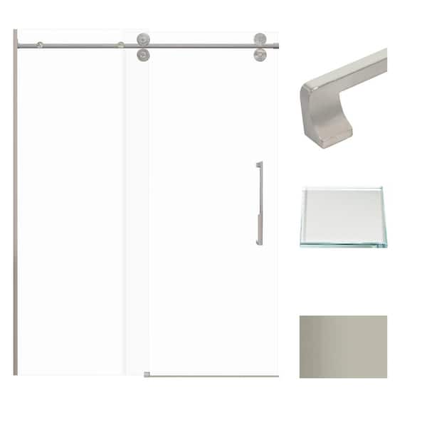 Transolid Teegan 59 in. W x 80 in. H Sliding Semi Frameless Shower Door with Fixed Panel in Brushed Stainless with Clear Glass