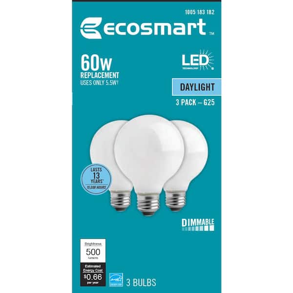60-Watt Equivalent G25 Globe Dimmable ENERGY STAR Frosted Glass Filament LED Vintage Edison Light Bulb Daylight (3-Pack)