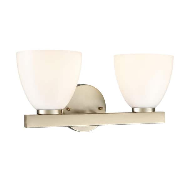 Apria 15.75 in. 2-Light Modern Gold Vanity Light with Opal Glass Shades