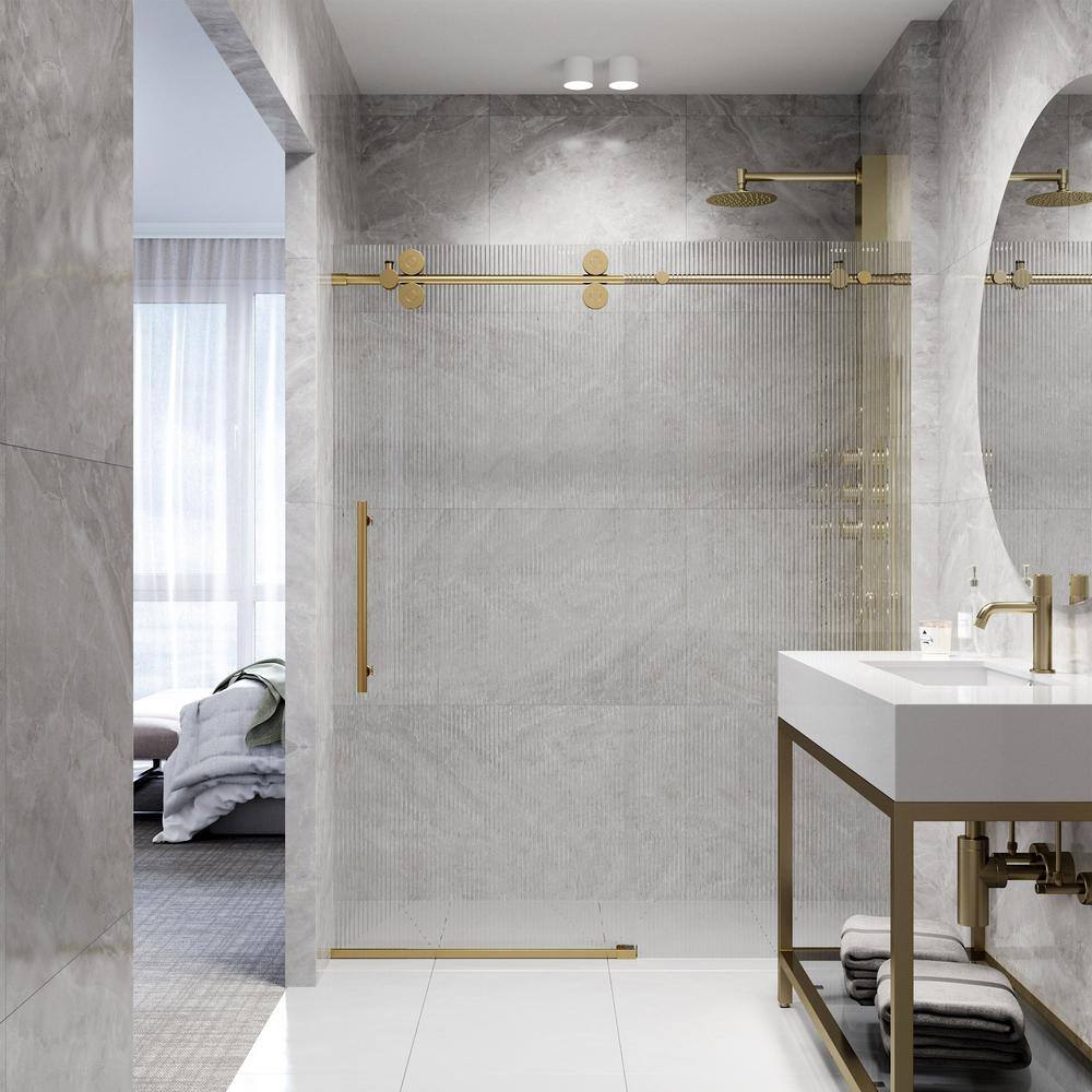Matte Brushed Gold Frameless Sliding Shower Door with Fluted Glass