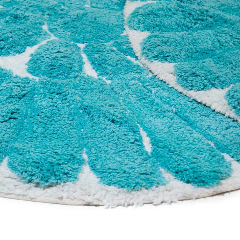 Aqua Bloom Circular Cotton Bath Rug Set, White and Aqua