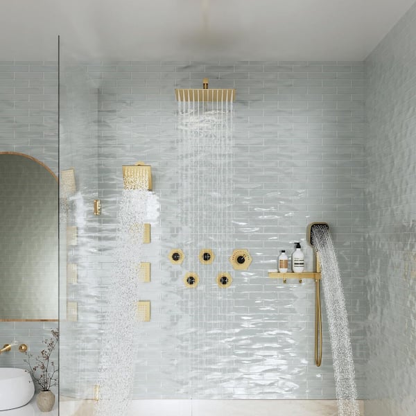 6-Spray 12 in. Wall Mount Dual Shower Heads and Handheld Shower Head with 2.5 GPM and Body Jets in Brushed Gold