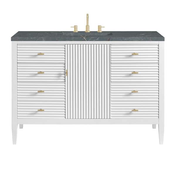 James Martin Vanities Myrrin 48.0 in. W x 23.5 in. D x 34.06 in. H Single Bathroom Vanity Bright White and Parisien Bleu Quartz Top