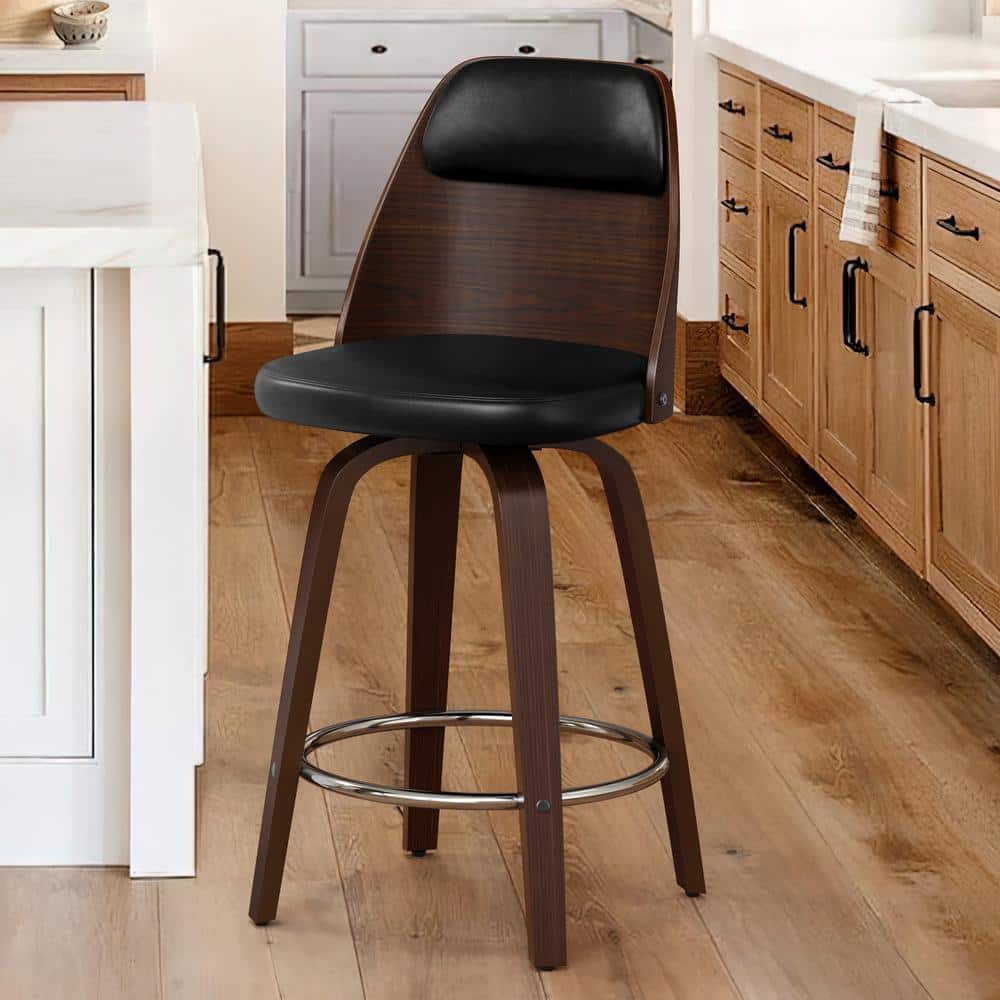 Edward 26 in. Black Faux Leather Swivel Bar Stool Solid Wood Walnut Frame C