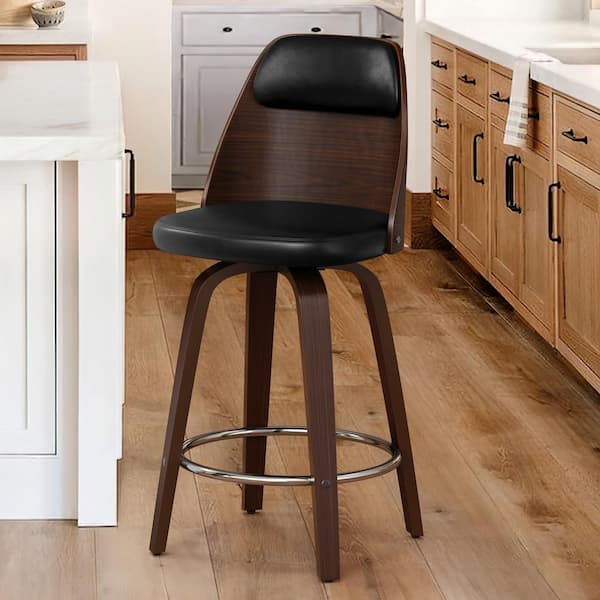 Edward 26 in. Black Faux Leather Swivel Bar Stool Solid Wood Walnut Frame Counter Height Bar Stool