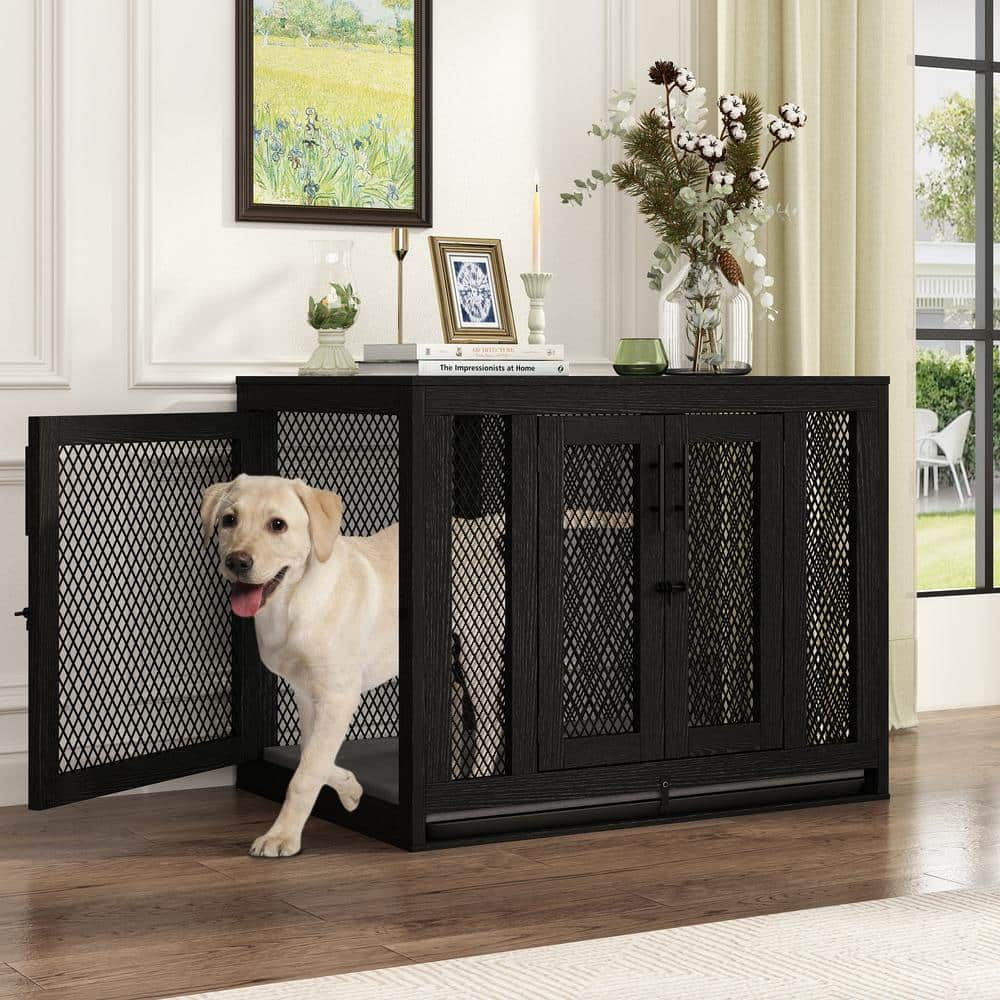 WIAWG Wooden Dog Crate Furniture Dog Kennel with Cushion Heavy Duty Dog Cage House for Large Medium Dogs Size L Black