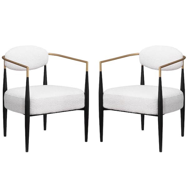 Set of 2 Modern White Boucle Dining Chair with Comfort Thick Seat Cushion, Metal Frame Armchair for Kitchen Bedroom