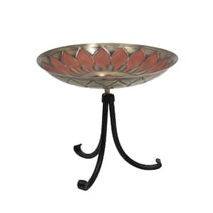 16 in. W Round Antique and Patina Finish Brass Red African Daisy Birdbath w/Black Wrought Iron Tripod Stand