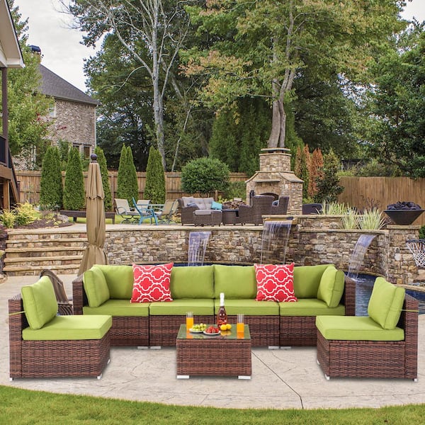 Wateday Outdoor Brown 7-Piece Wicker Patio Conversation Seating Set with Green Cushions