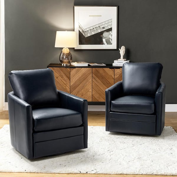 Rosario 30 in. Navy Faux Leather Swivel Arm Chair with Cushion (Set of 2)