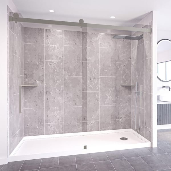 NuVo Platinum Grey-Tetherow 60 in. x 32 in. x 83 in. Base Wall Door Rectangular Alcove Shower Stall Kit Brushed Nickel Right