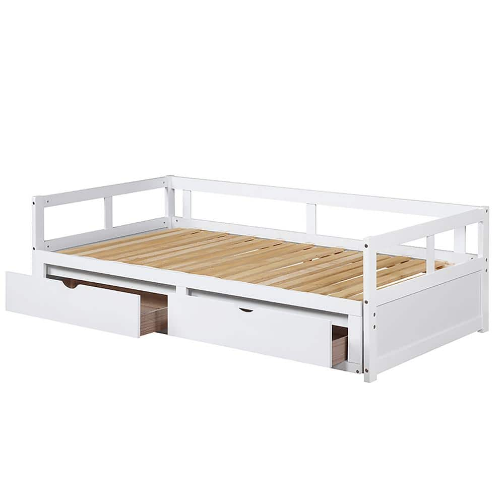 White Twin to King Size Extendable Wooden Daybed with Trundle Bed and Two Storage Drawers -  Magic Home, CS-WF194973AAK