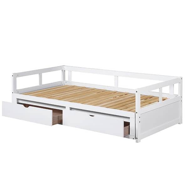 Magic Home White Twin to King Size Extendable Wooden Daybed with Trundle Bed and Two Storage Drawers
